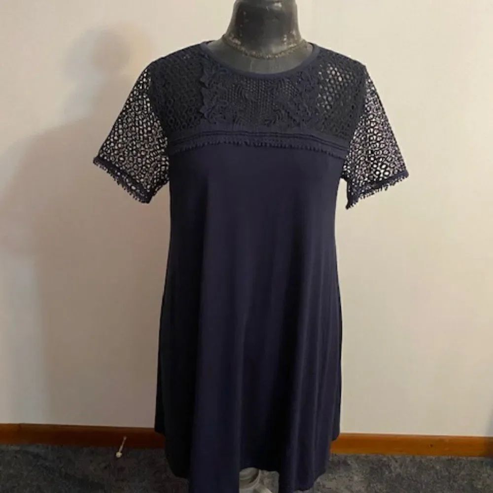 Loft Navy Blue Crochet top Jersey dress, size Medium